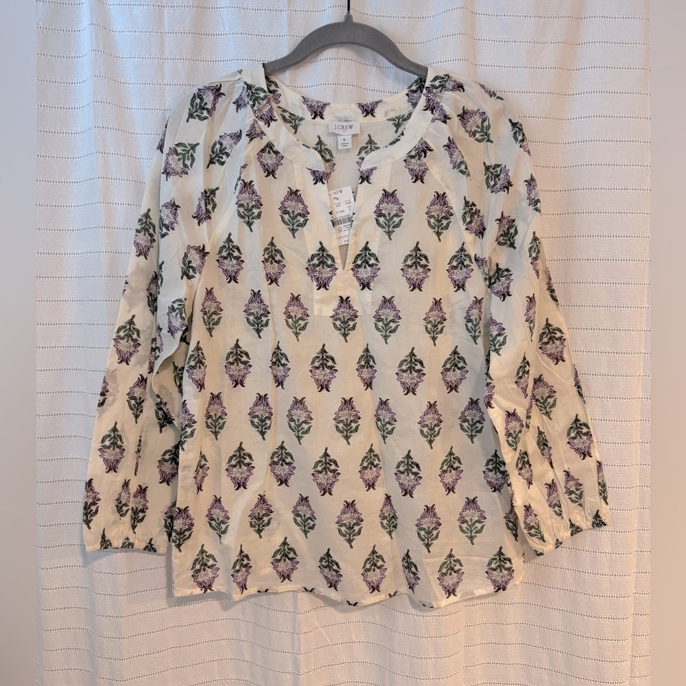 J. Crew Cream Blouse with Purple Floral Motif